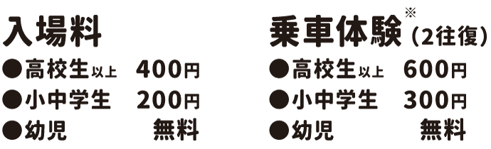 入場料 ●高校生以上 500円 ●小中学生 250円 ●幼児 無料　乗車体験(2往復) ●高校生以上 600円 ●小中学生 300円 ●幼児 無料